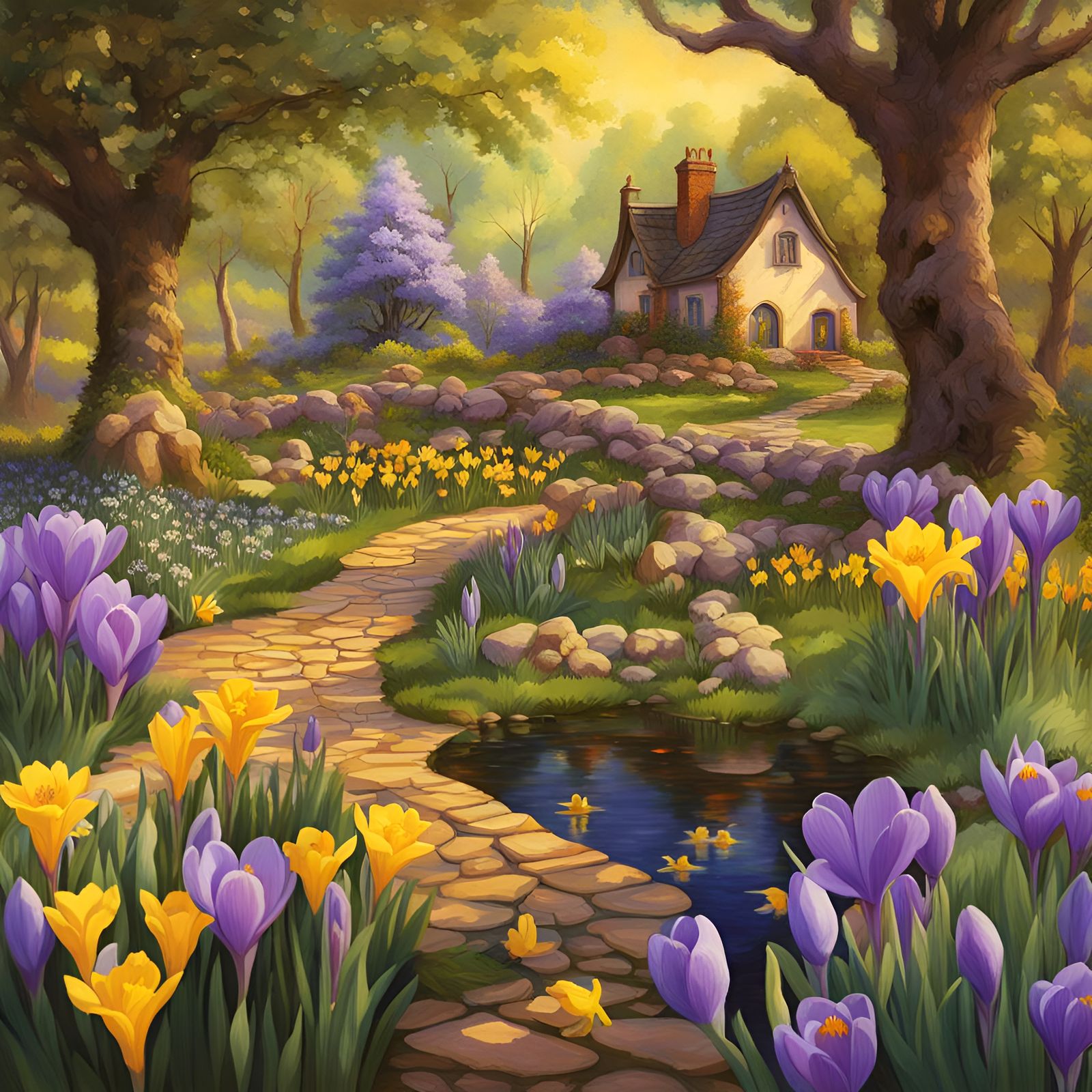 Spring Garden Scene in Gouache Watercolor Style