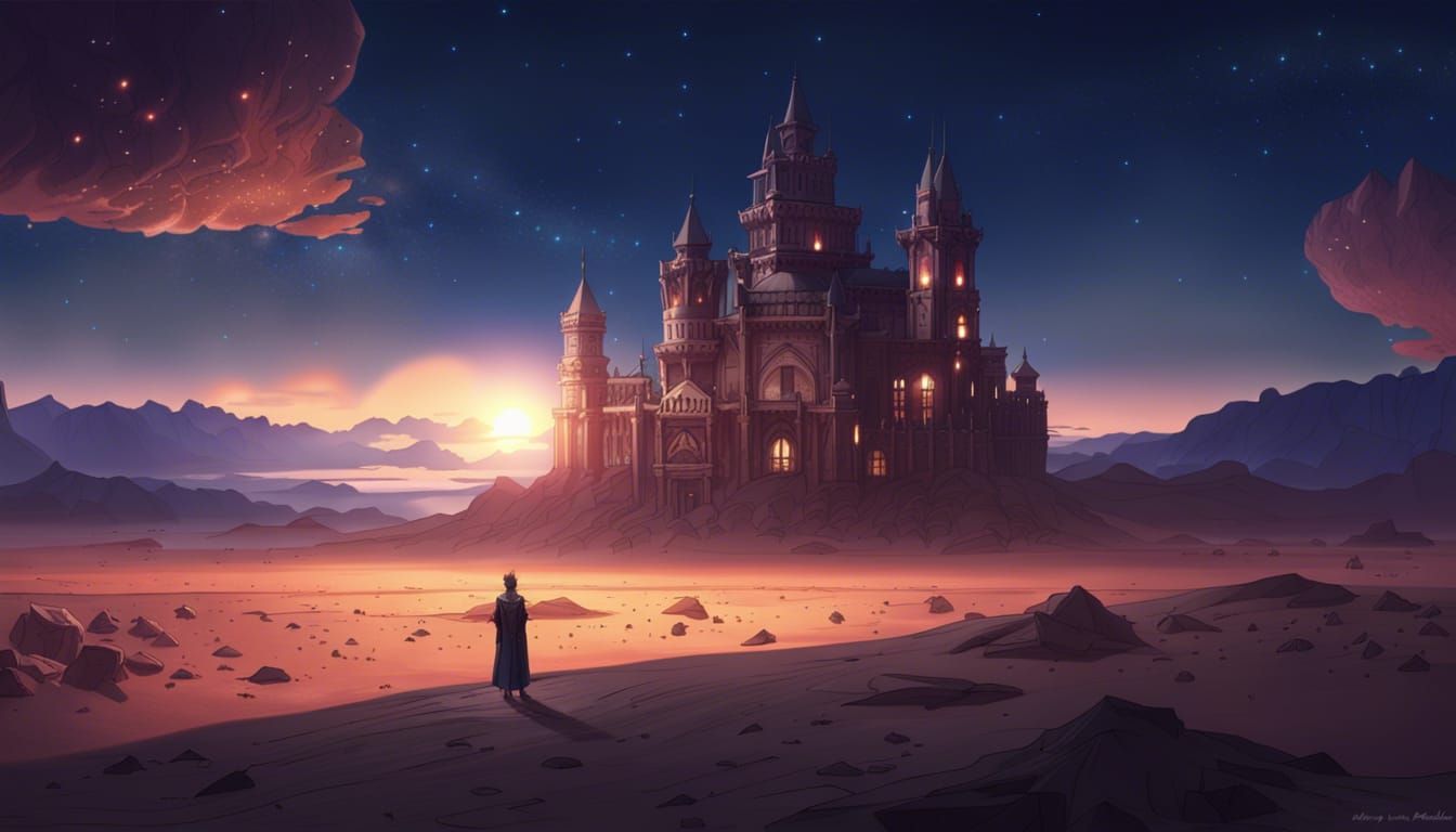 Anime Palace in Desert Under Starry Sunset Sky