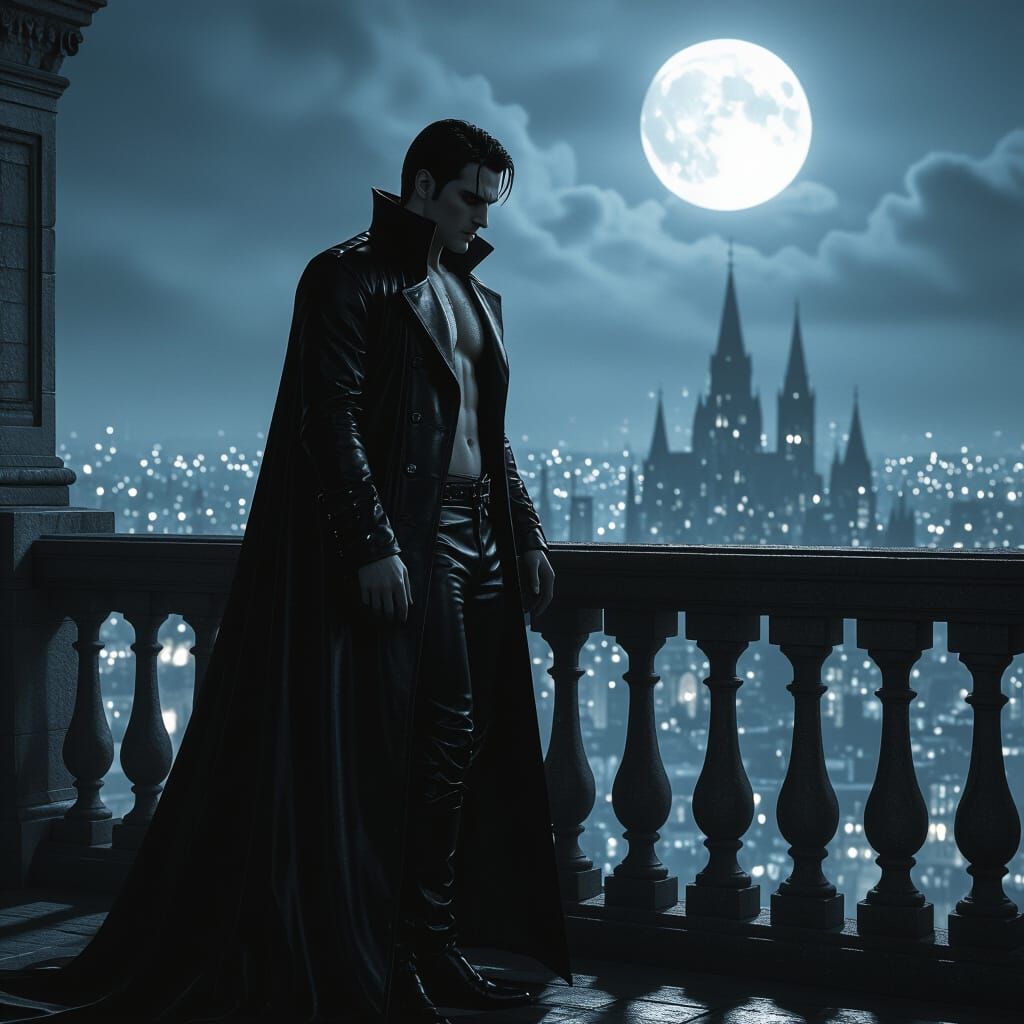 Gothic Vampire on Balcony Overlooking Moonlit Cityscape