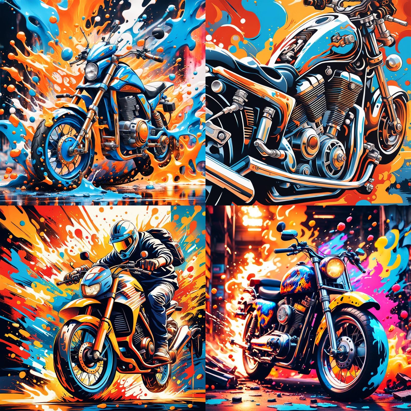 Fiery Motorcycle Parts in Graffiti Splash Art
