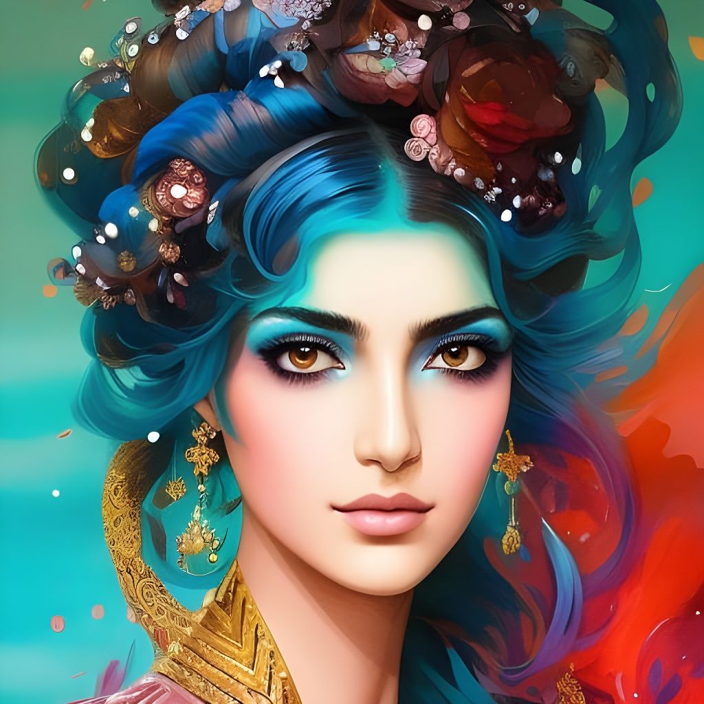 Beautiful Kurdish Girl with Blue Hair, Gouache Painting