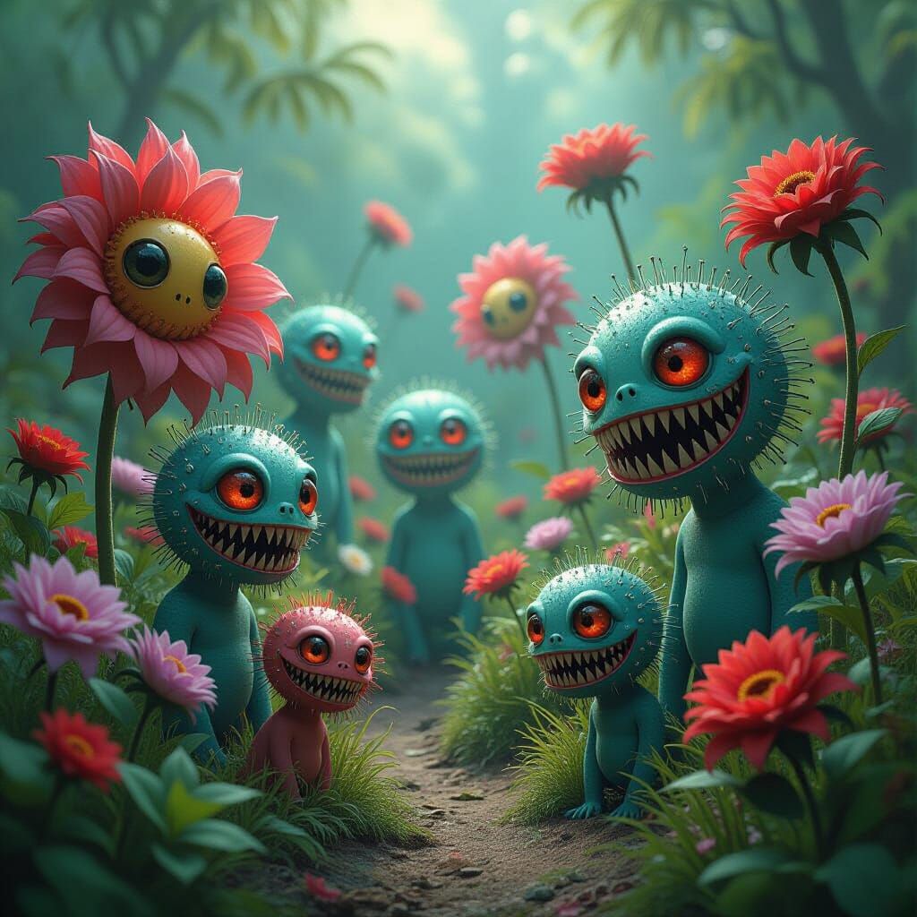 Sentient Flowers with Teeth in Surreal Garden
