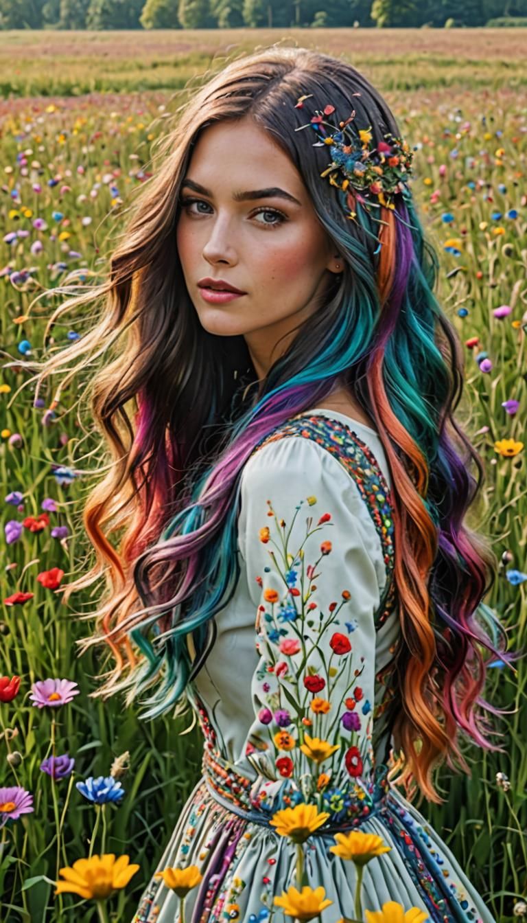 Enchanting Meadow Girl with Colorful Hair