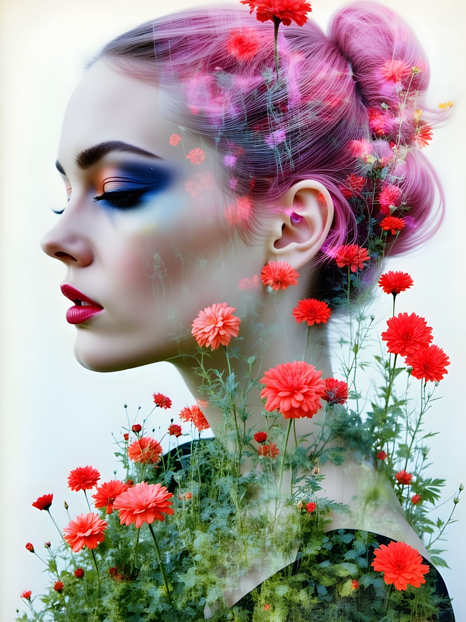 Double Exposure Woman Profile in Fine Art Mixed Media