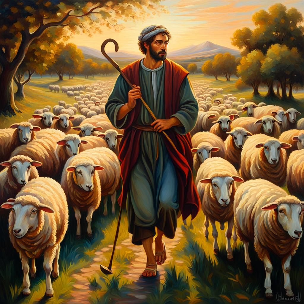Biblical Shepherd with Flute in Oil Painting Style