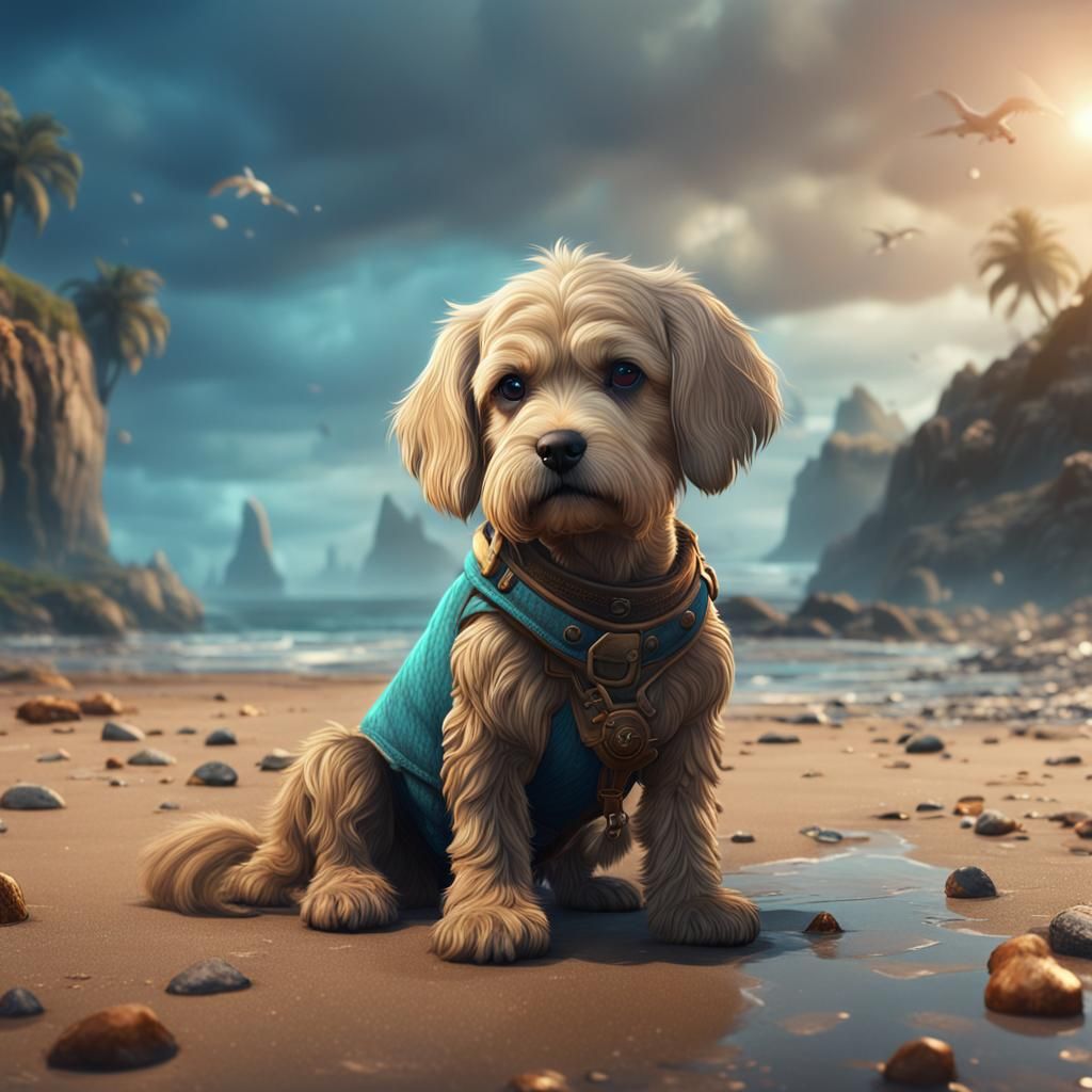 Sad Dog at the Beach: Detailed Digital Painting