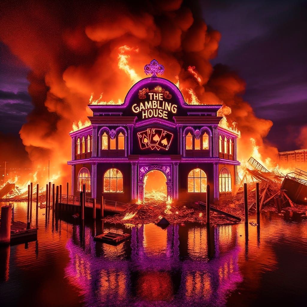 Burning Casino Ruin with Neon Sign Over River