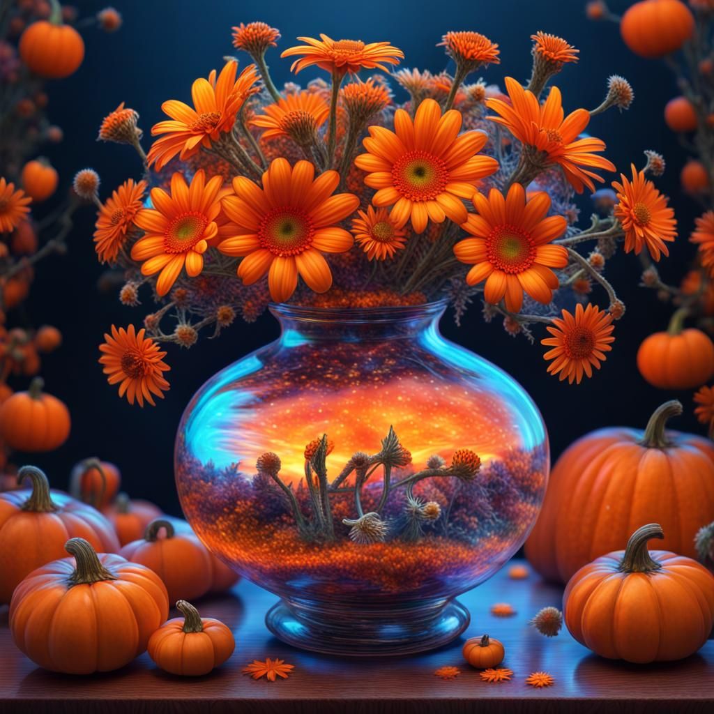 Pumpkin Vase with Daisies in Astral Illustration Style