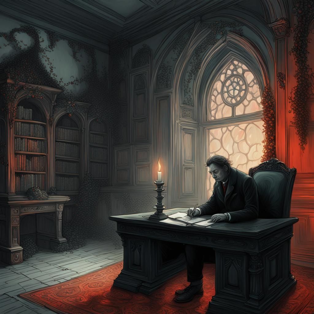Eerie Victorian Desk Scene: A Surrealist Digital Painting