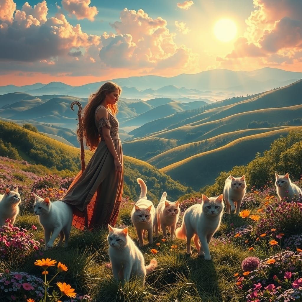 Mystical Cat Herder in Dreamlike Landscape, Digital Art