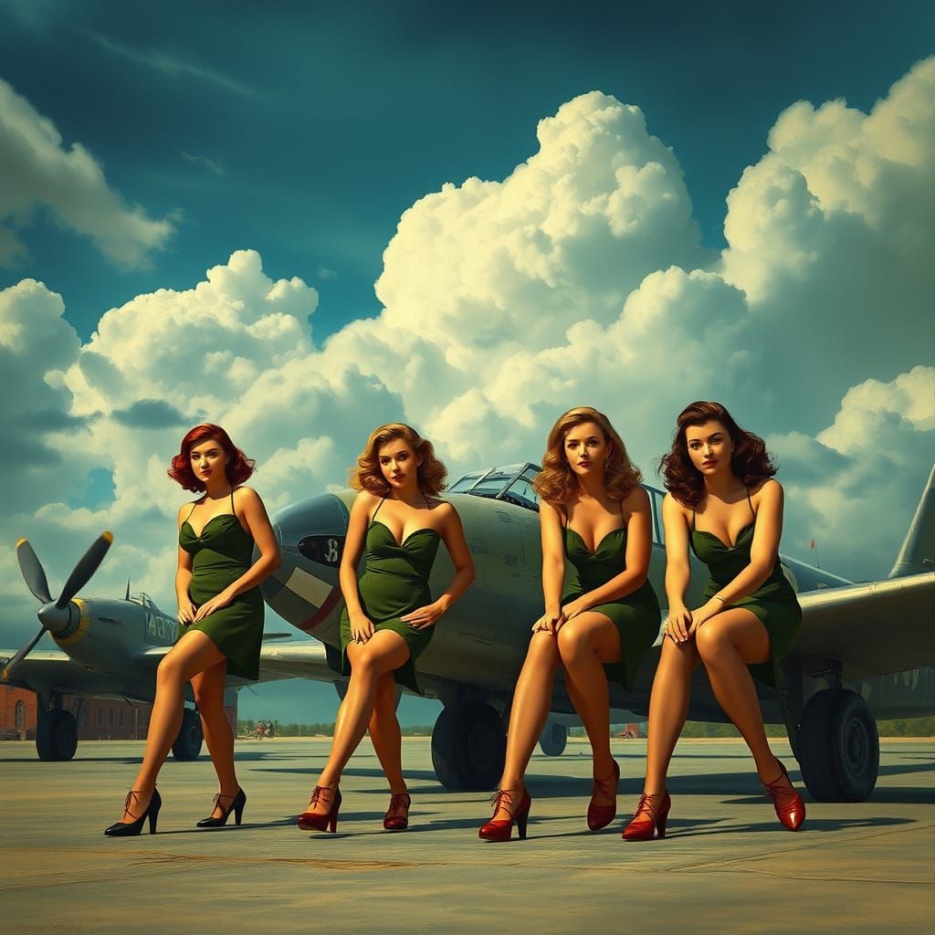 Glamorous Pin-Up Girls at WW2 Army Air Base in Vibrant Detai...