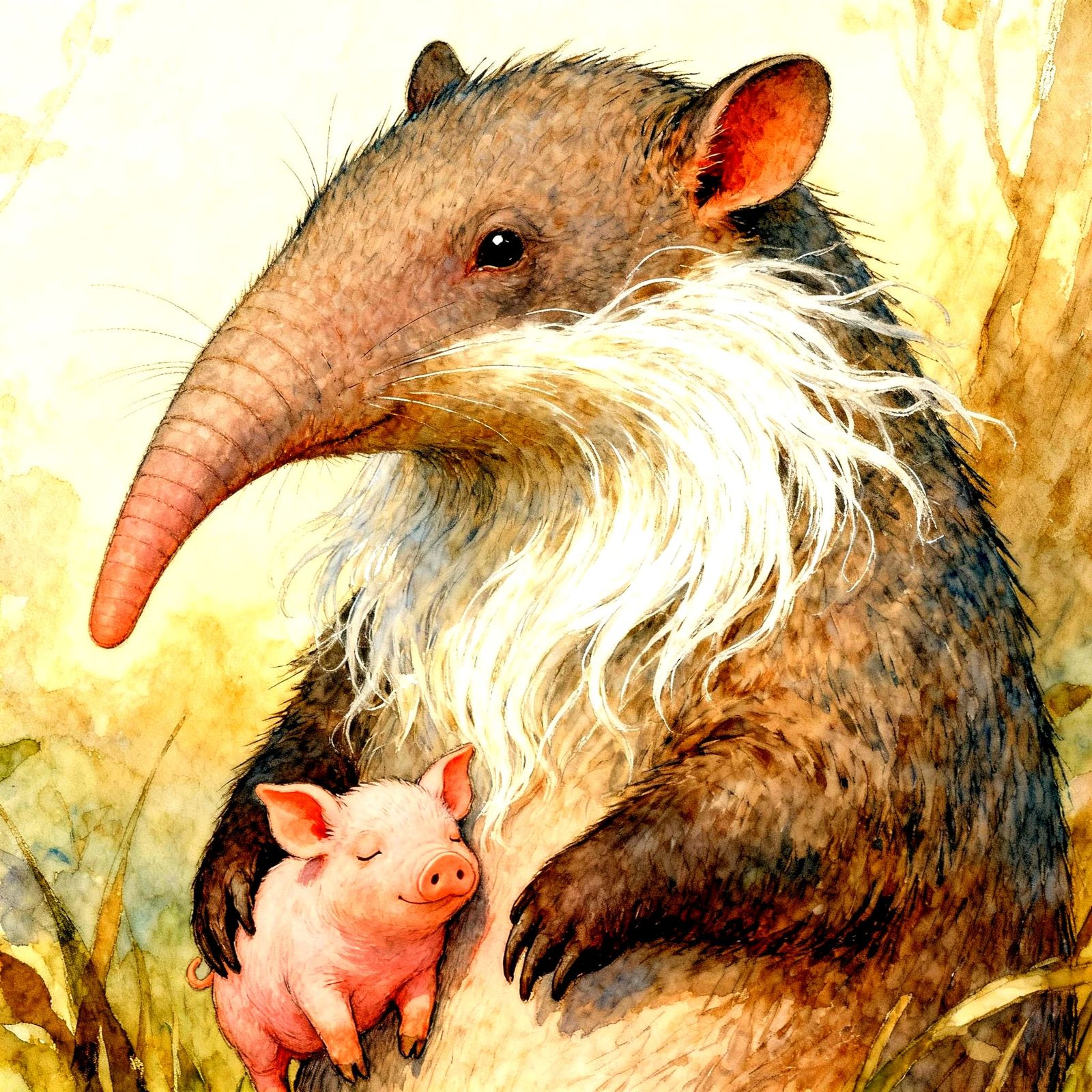 Anthropomorphic Aardvark Cradles Piglet in Storybook Style