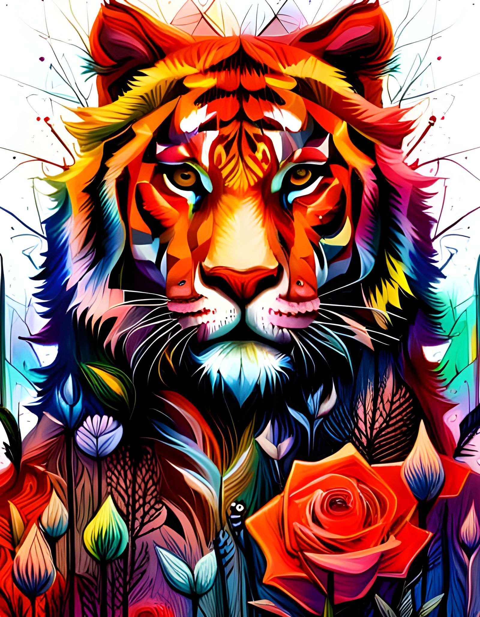 Bioluminescent Bengal Tiger with Roses in Abstract Style