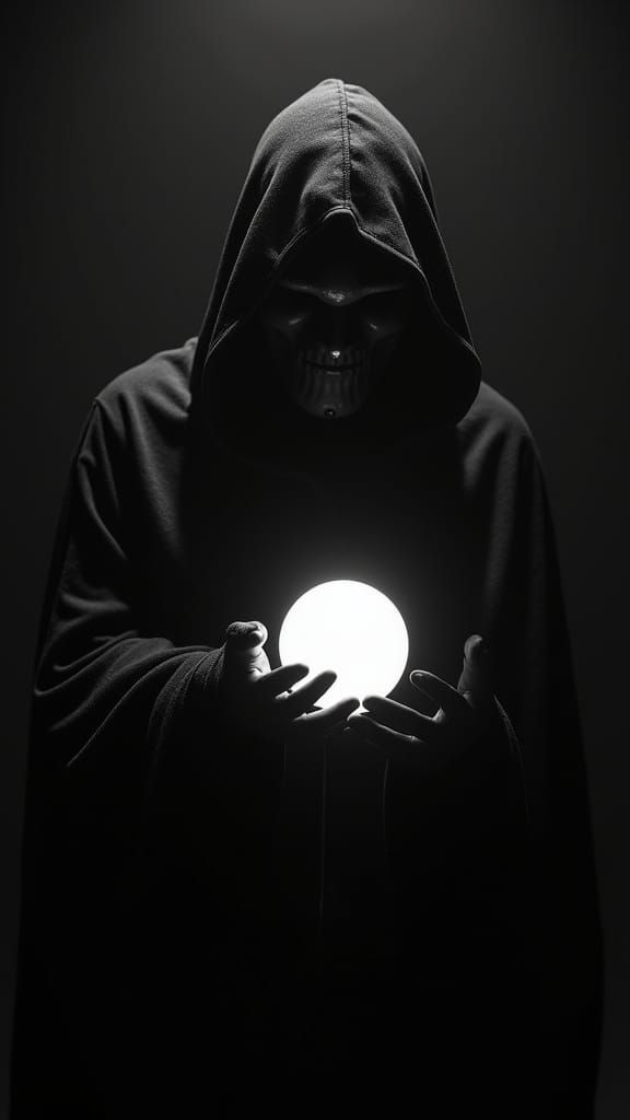 Hooded Figure with Orb in Noir Cyber-Art Style