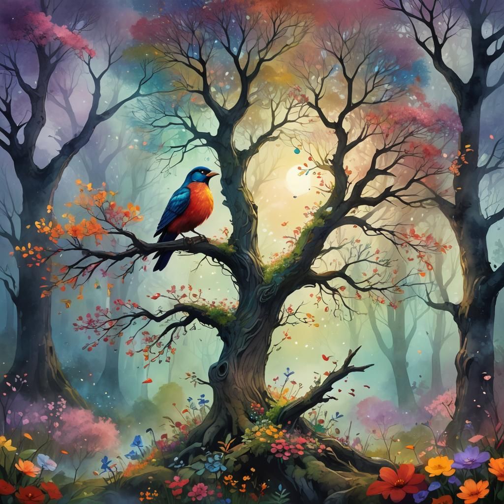 Enchanted Tree with Bird: Watercolor Fantasy Art