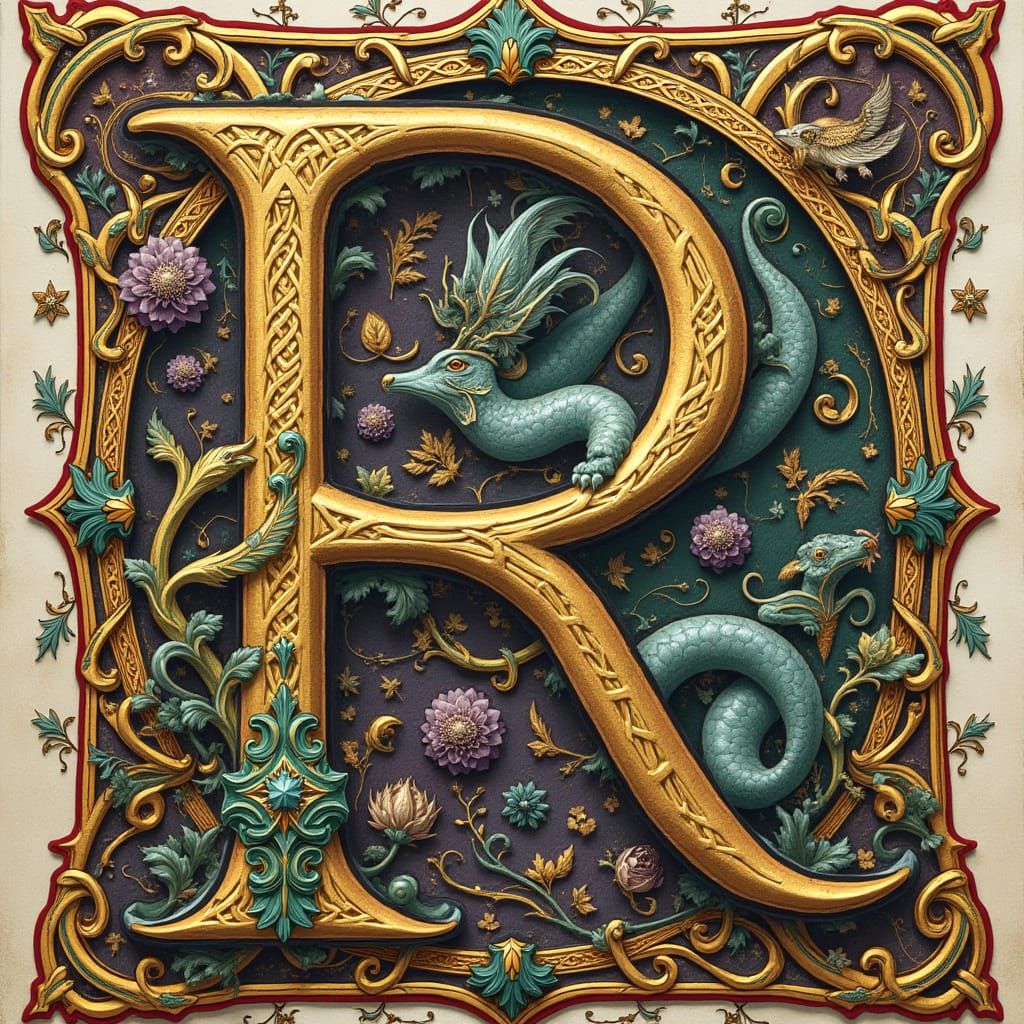 "A resplendent illuminated manuscript page featuring a majestic initial "R"