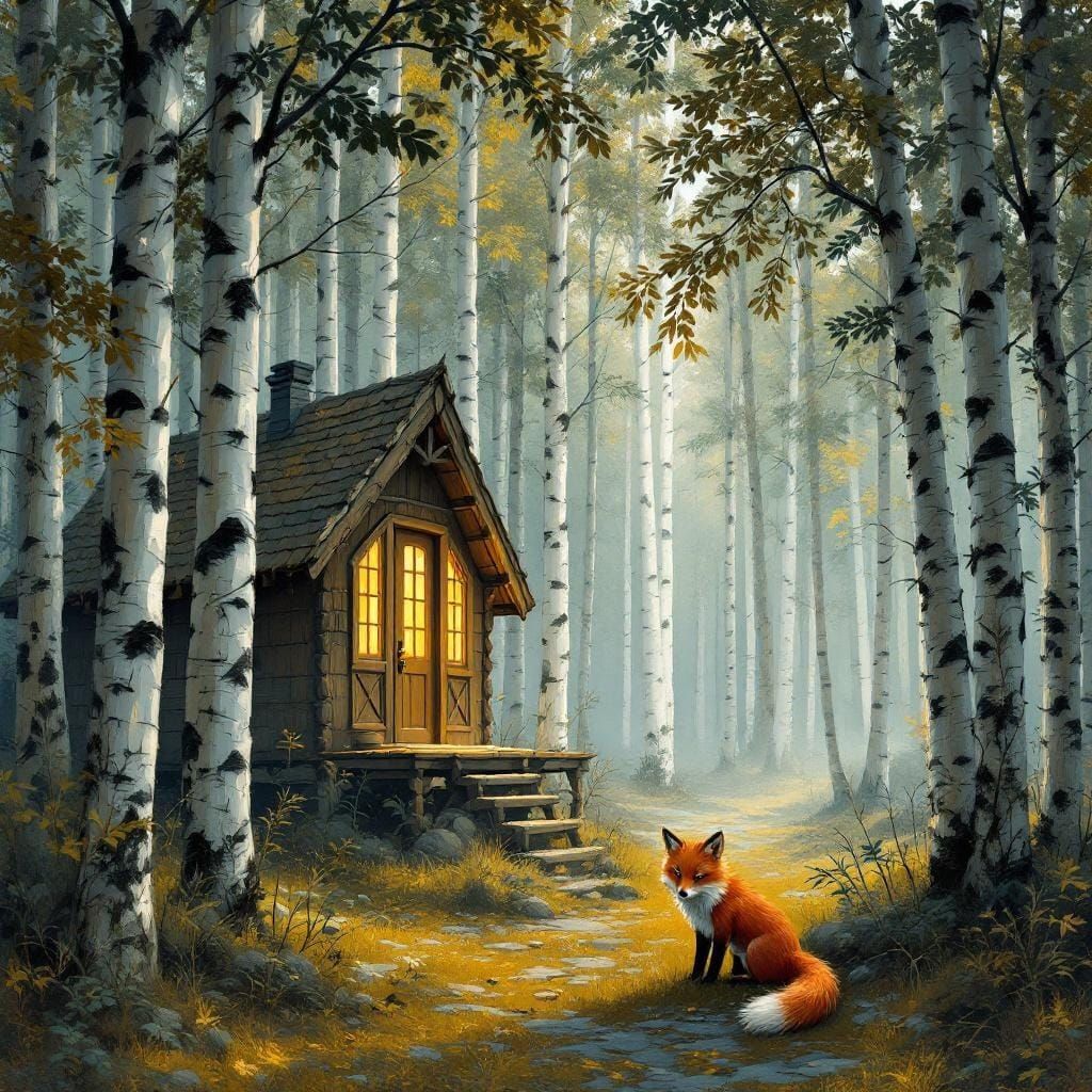 Cabin in Birch Forest with Fox, Detailed Landscape