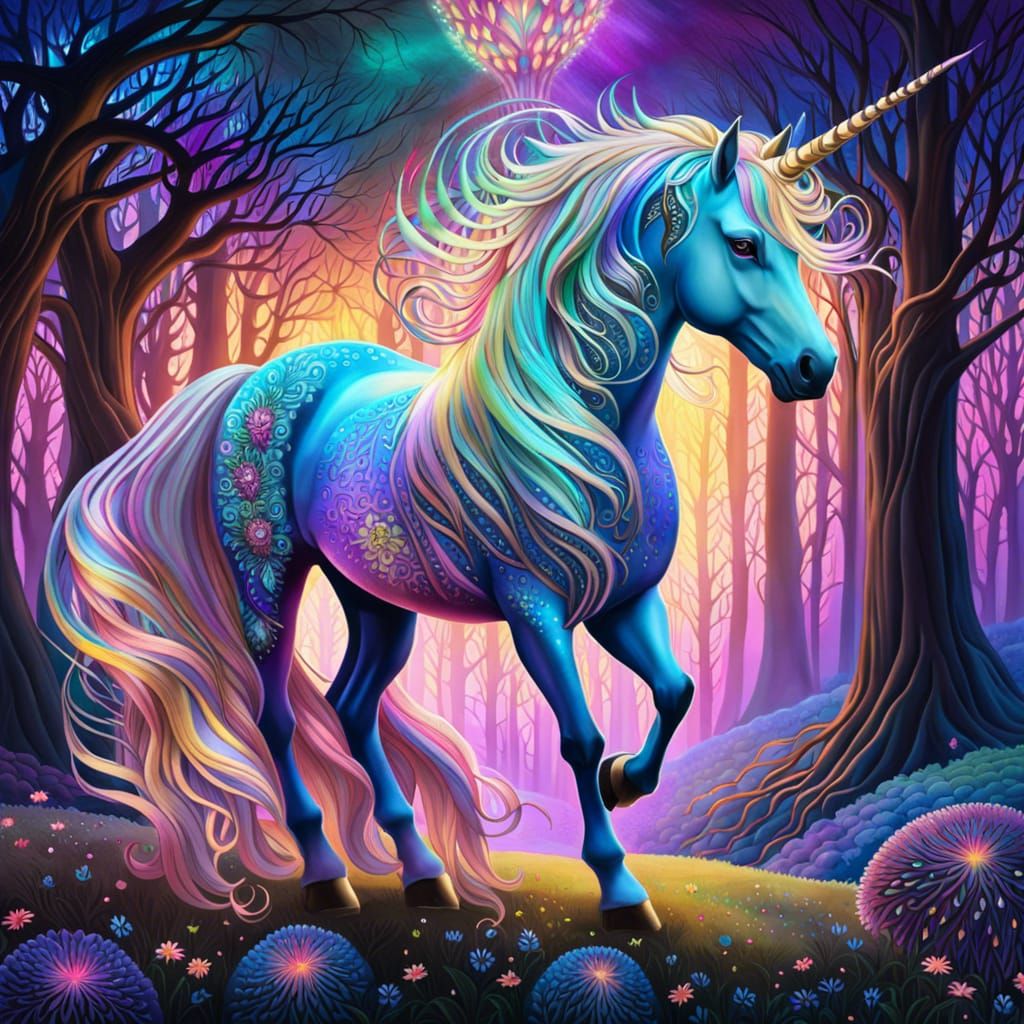 Iridescent Unicorn with Fractal Mane in Enchanted Forest