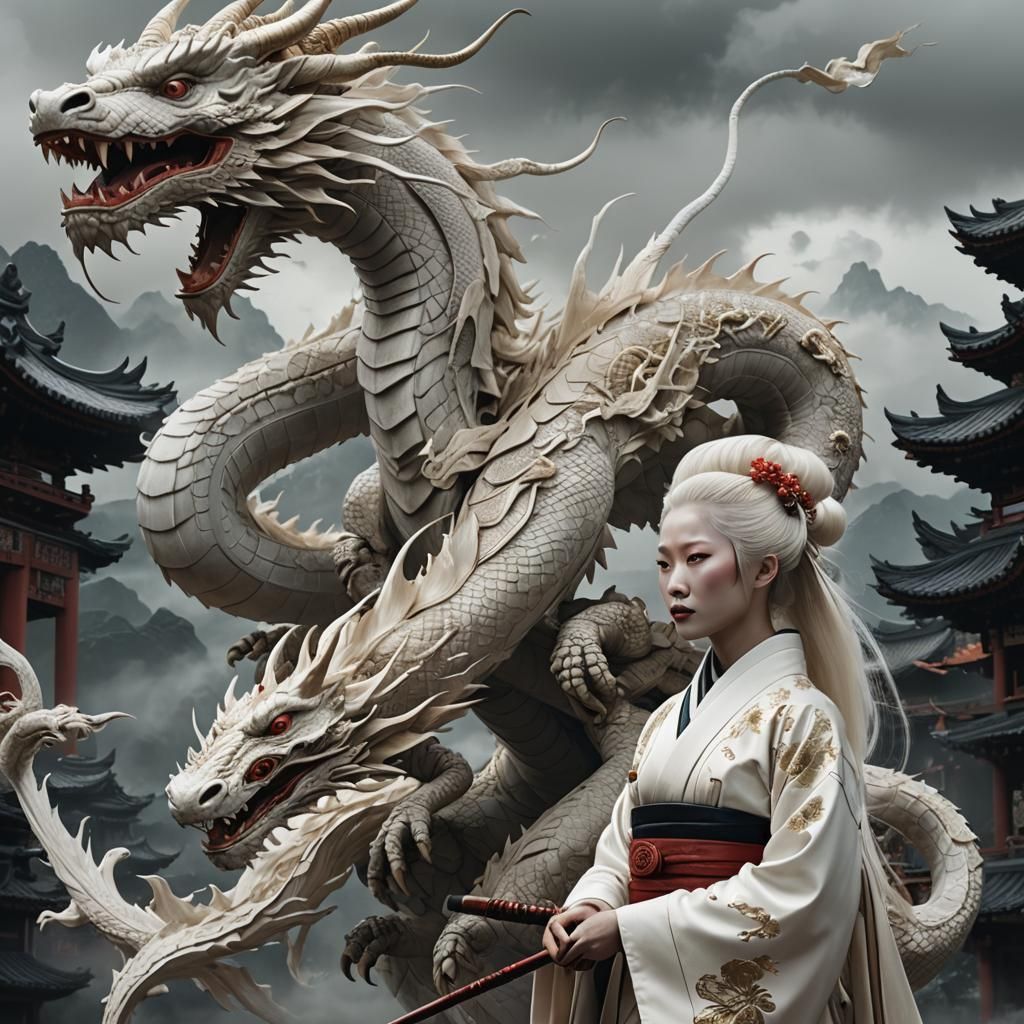 Albino Geisha and Dragon: Dramatic Digital Painting