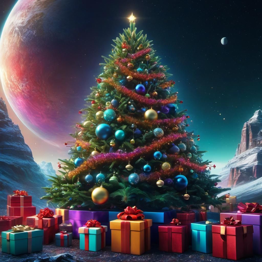 Alien Christmas Tree with Colorful Presents