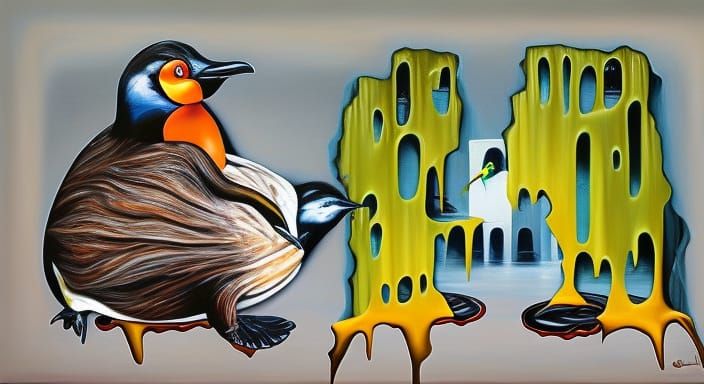 Surreal Urban Scene: Platypus Aids Penguin in Dali Style