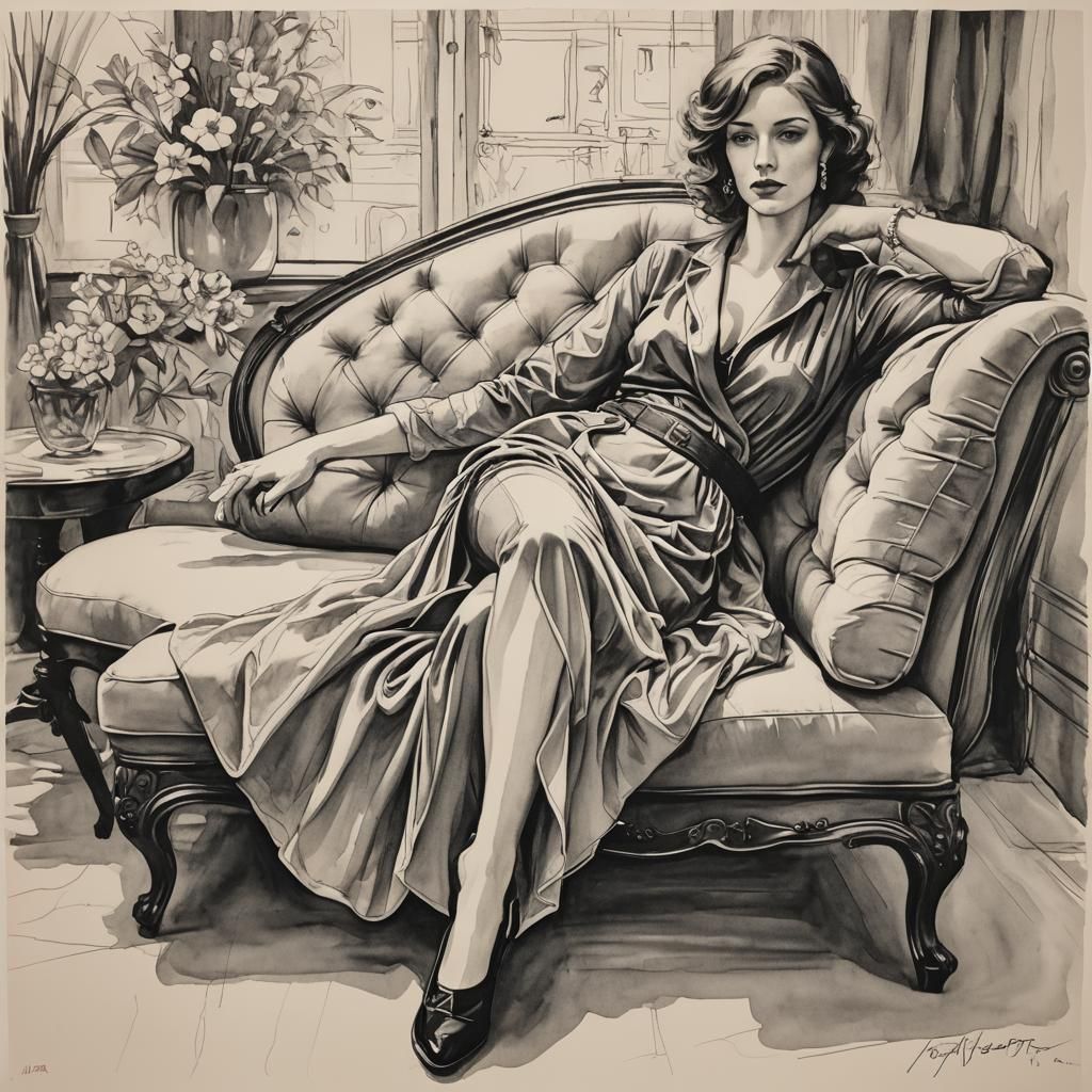Ink and Pencil Drawing of Woman on Chaise Lounge