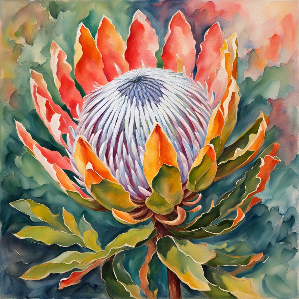 Protea Flower in Gouache Watercolor Style