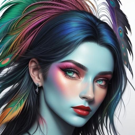 Rainbow Woman Portrait with Peacock Feathers