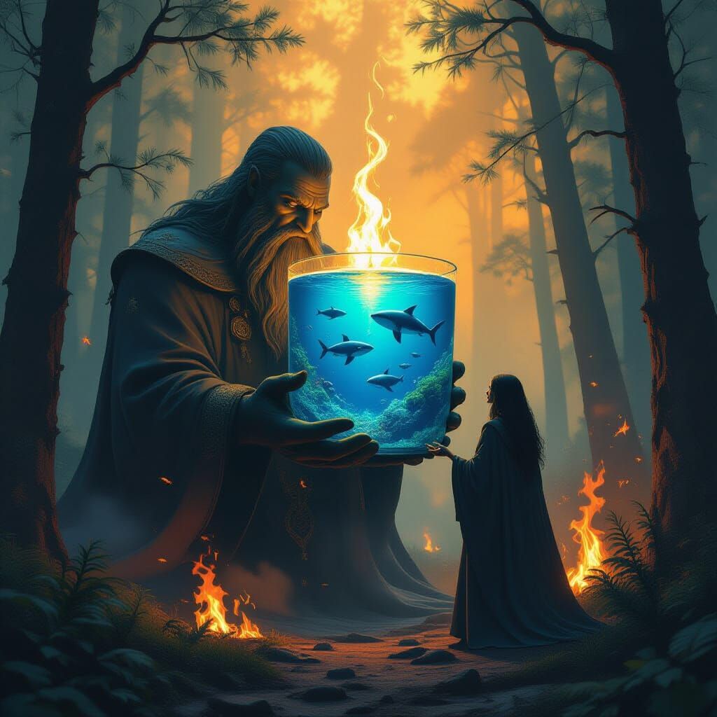 Giant Holds Ocean Candle in Burning Forest