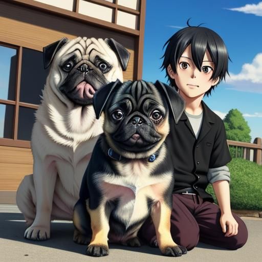 Two Pugs and a Black Pug Puppy in Anime Style