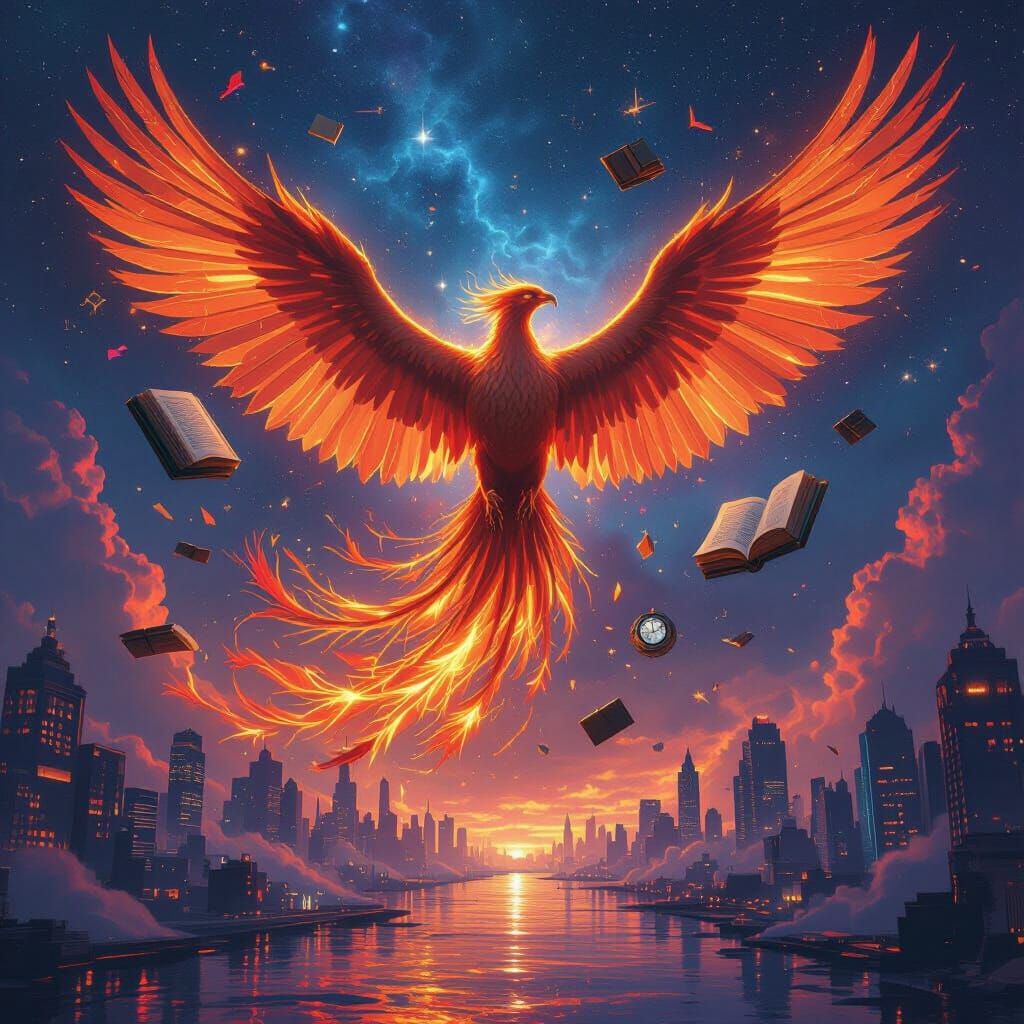 Colossal Phoenix Shattering into Dreams, a Surreal Artwork