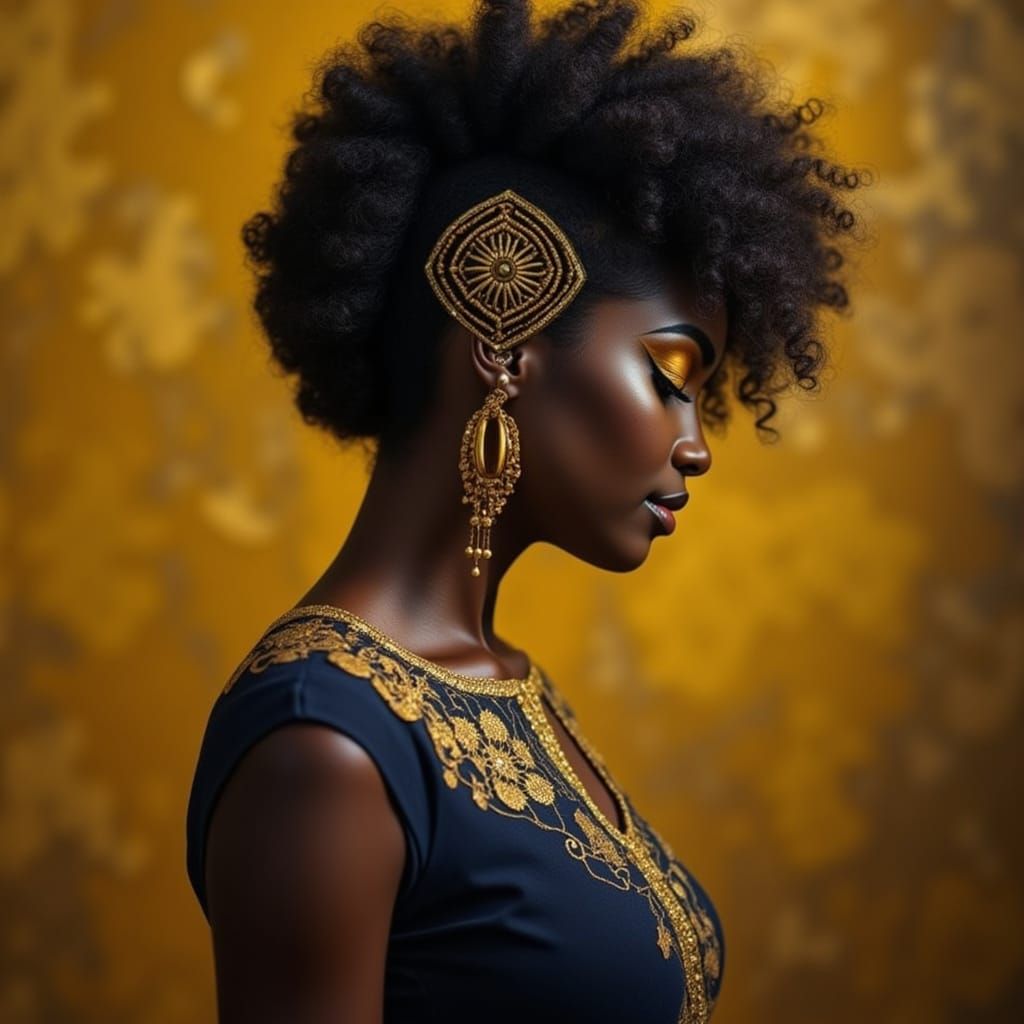A regal Black woman, likely in her late 20s to early 30s, is...