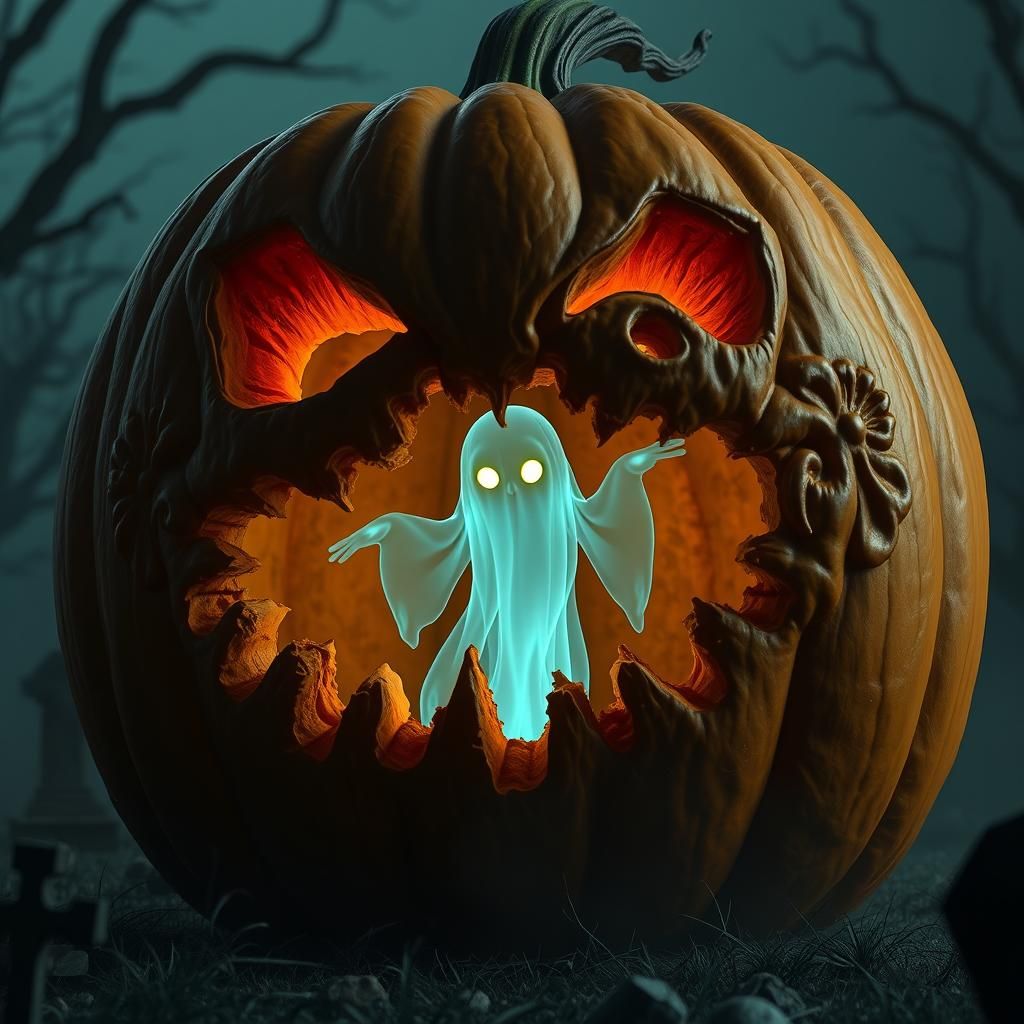 Ethereal Ghost in Jack-o'-Lantern, 3D Render
