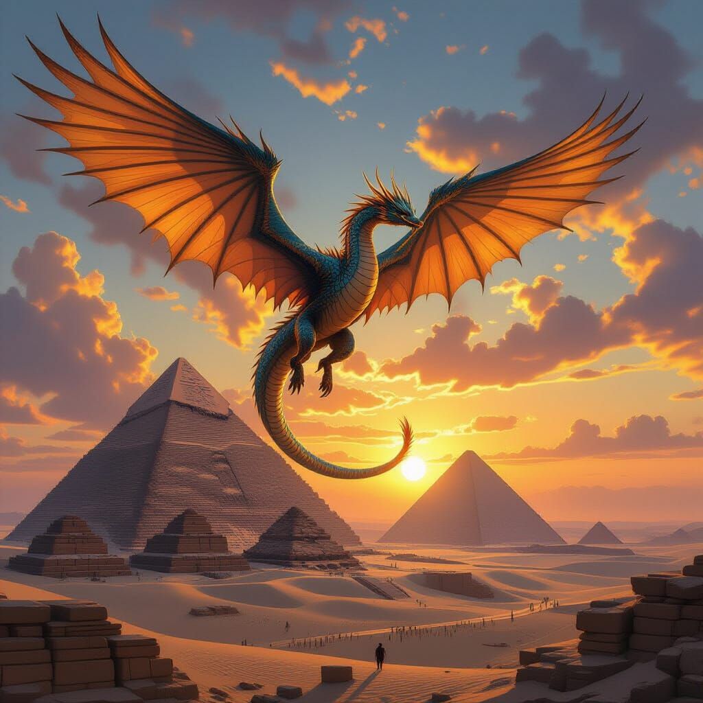 Mythical Dragon Soars Over Egyptian Pyramids at Dawn