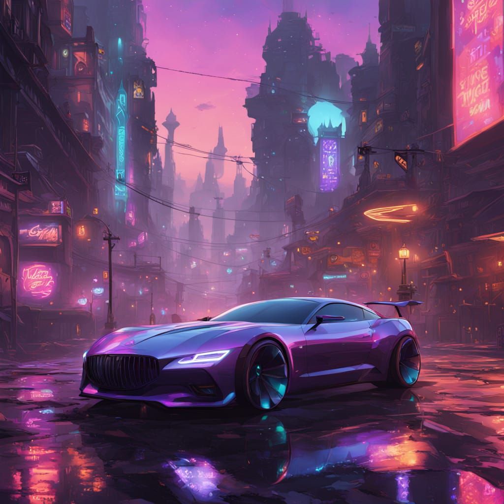 Sleek 1990s Sports Car in Neon Cityscape