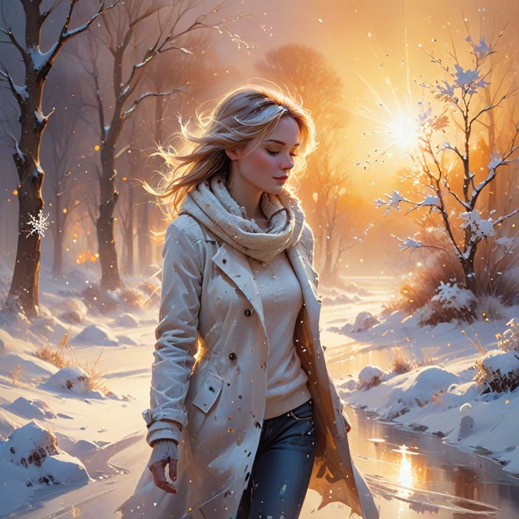 Dreamy Winter Sunset Scene with Vivid Snowfall
