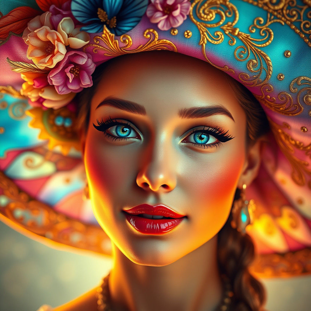 Woman in Ornate Hat, Acrylic Painting Style