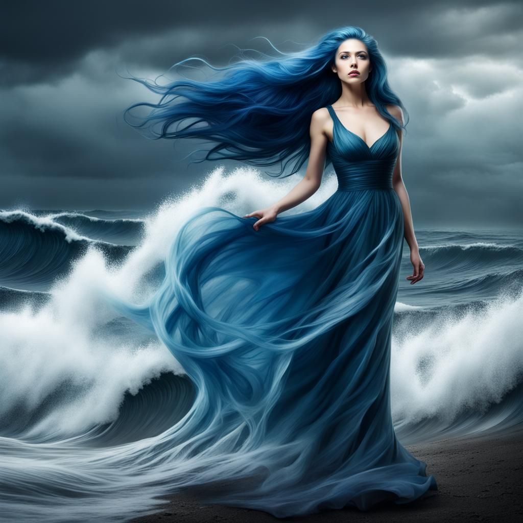 Blue-Haired Woman in Tsunami Storm