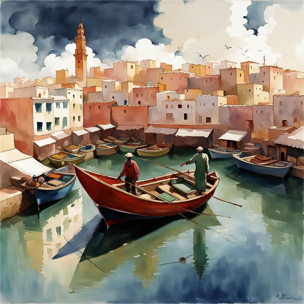 Moroccan Fisherman in Port Medina View, Illustrated Style