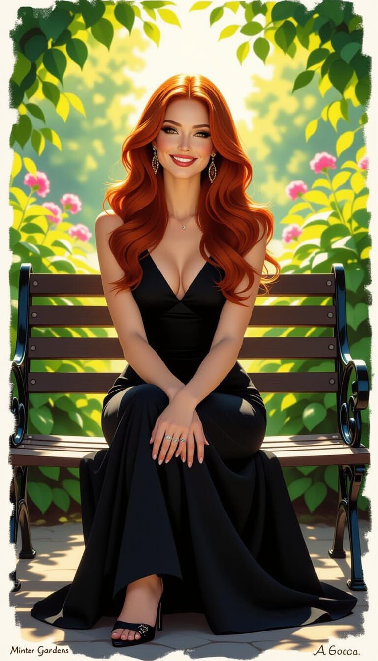 Redhead in Lush Garden, Impressionist Style