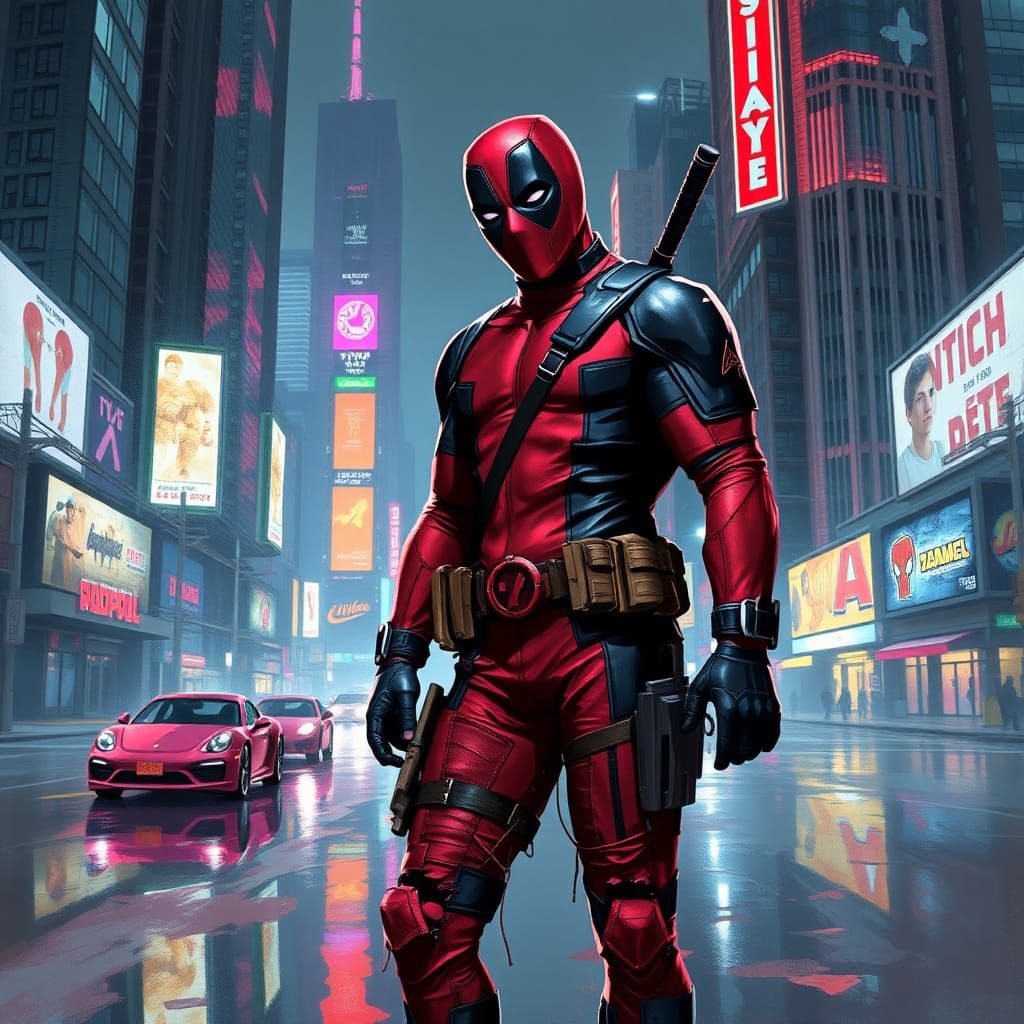 Deadpool in Cyberpunk Cityscape, Digital Art