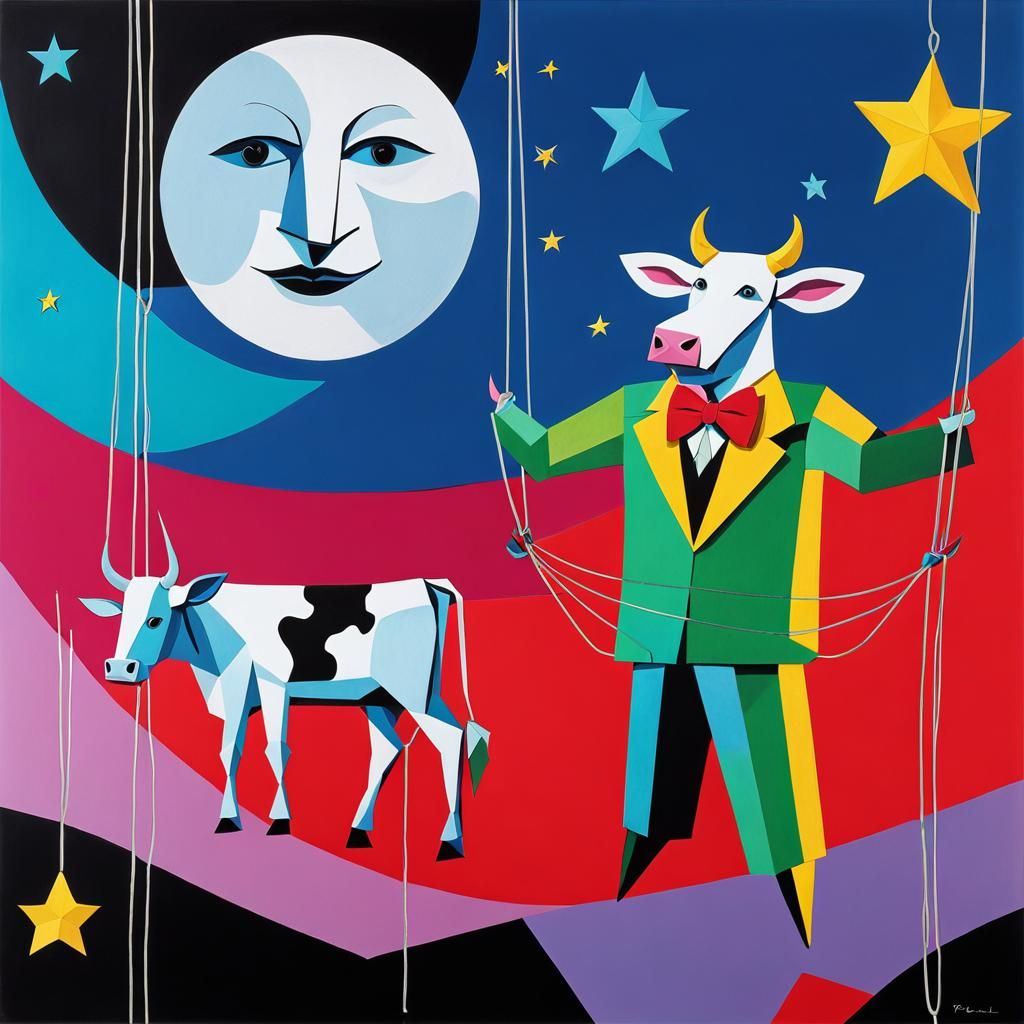 Cubist Cow Jumps Over the Moon Cartoon