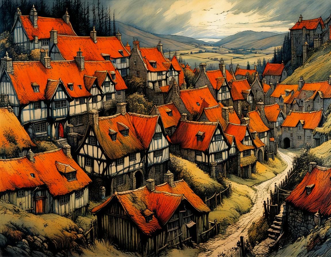 Medieval Scottish Village in Mysterious, Noctilucent Dreamsc...