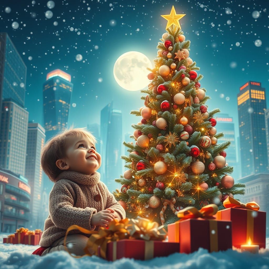 Whimsical Christmas Scene with Grandchildren and Cityscape i...