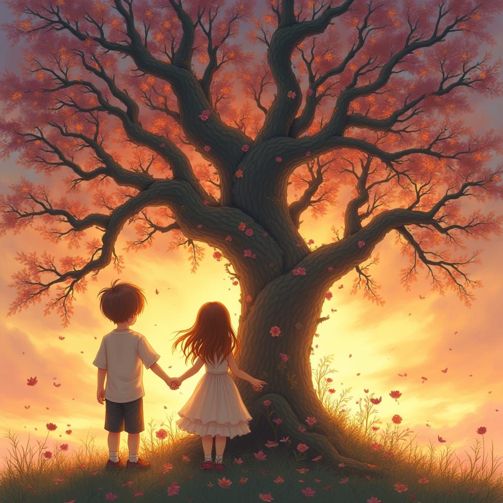 Love Amidst the Tree of Life with Vibrant Blooms and Sunset