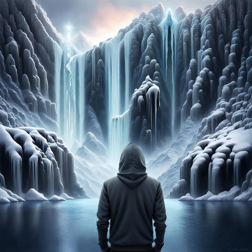 Hooded Figure at Waterfall: Digital Art