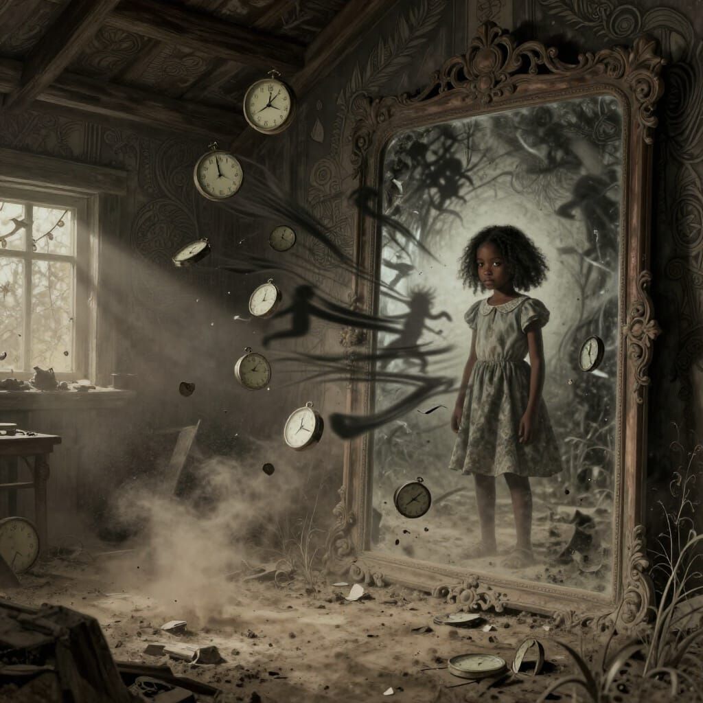 Dusty Attic and Shadow Girl Reflected in Mirror