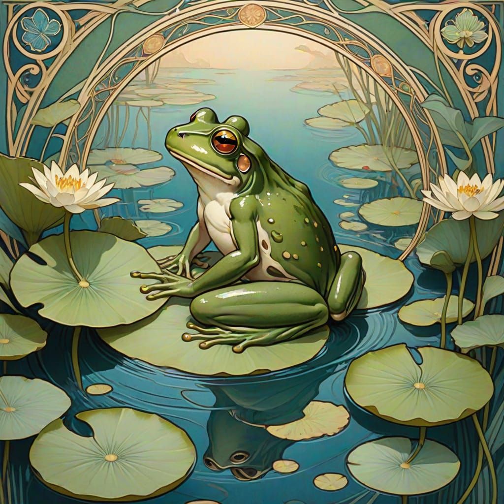 Art Nouveau Frog Among Water Lilies