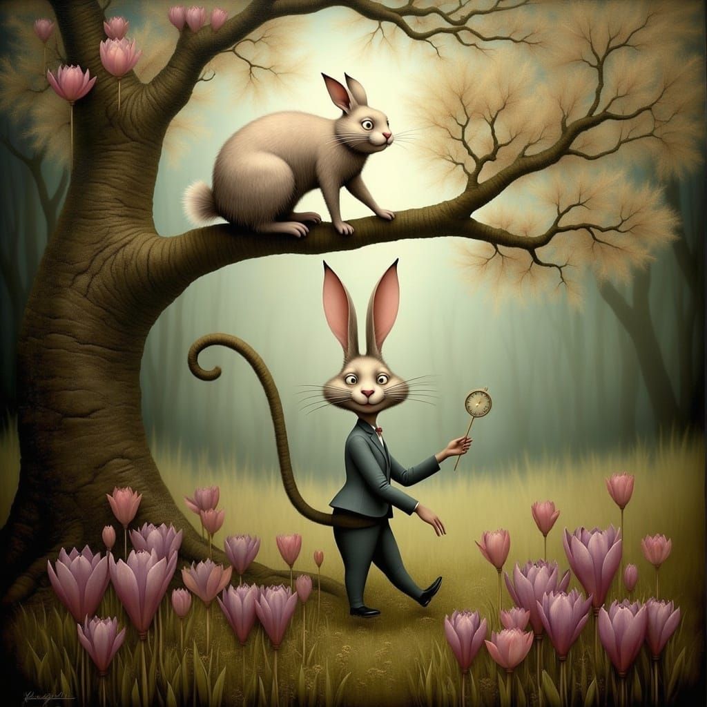 White Rabbit and Cheshire Cat Oil Painting