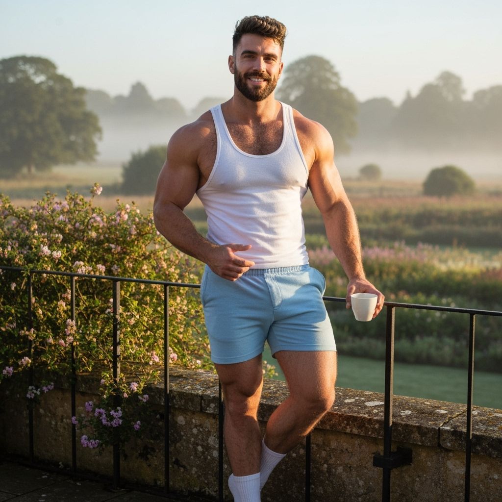 Muscular European Man on English Terrace in Morning Light